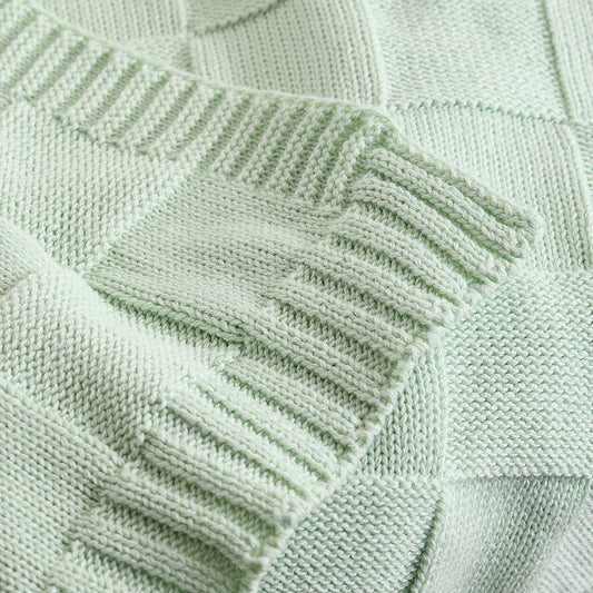 Living Textiles / Cotton Knitted Pram Blanket Checkered Seafoam