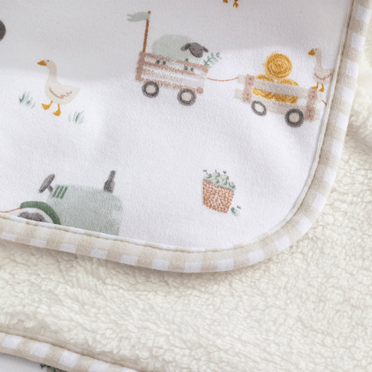 Living Textiles / Organic Jersey Sherpa Pram Blanket Tractor Ride
