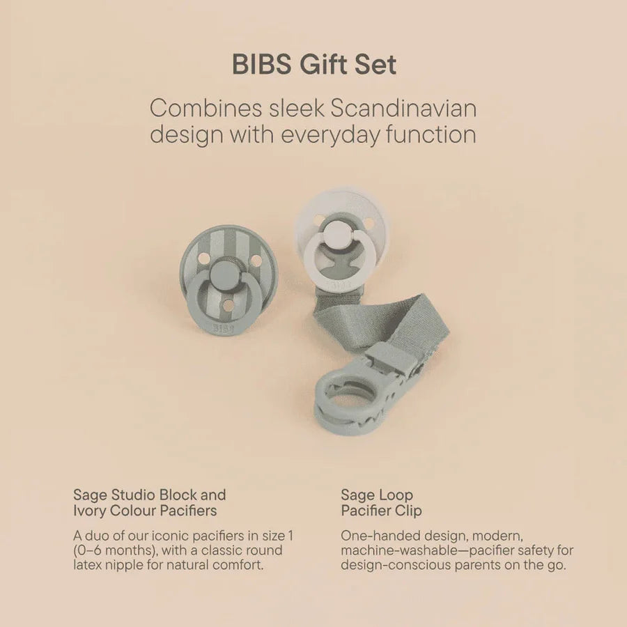 BIBS / Colour Pacifier & Loop Clip Gift Set Size 1 - Sage