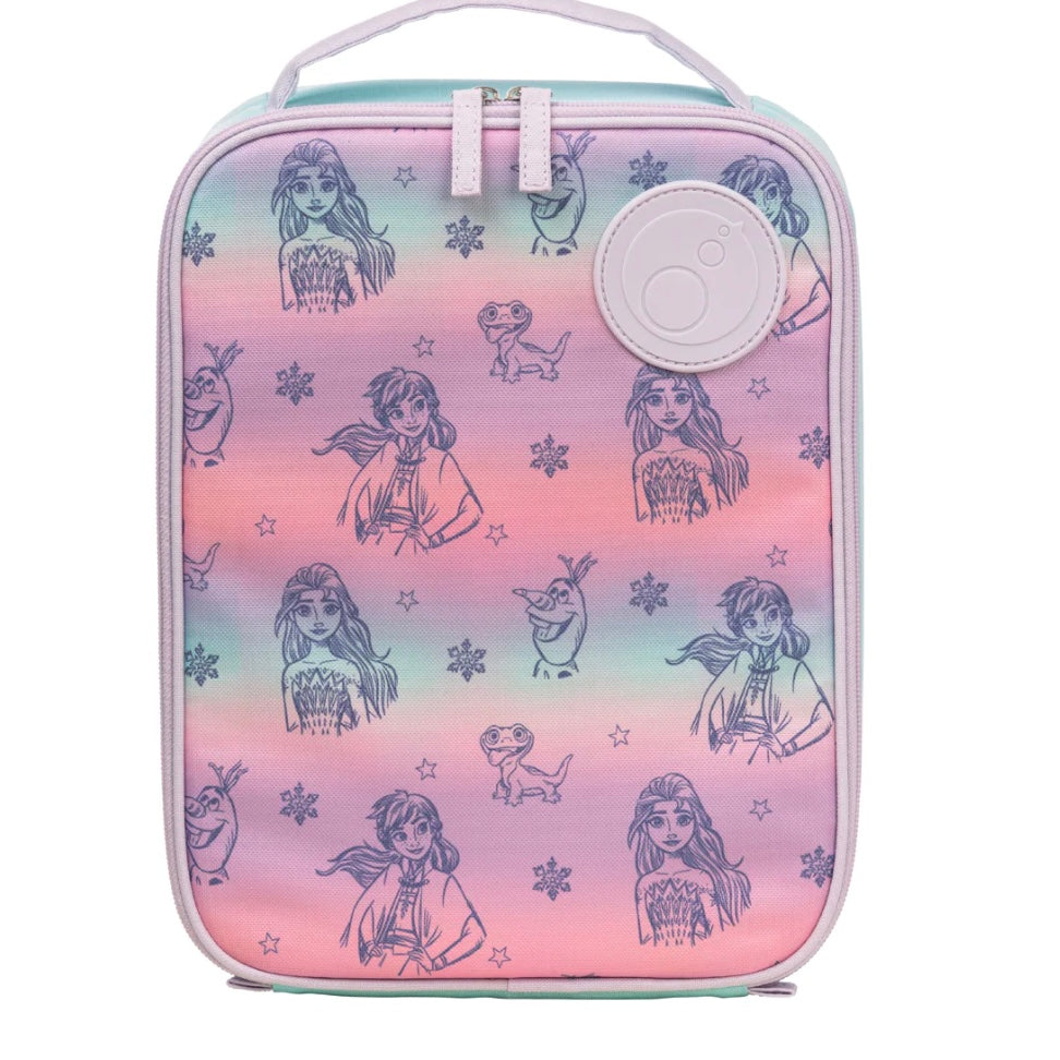 Lunch box from b.box pale pink and blue featured Elsa and Ana from Frozen.