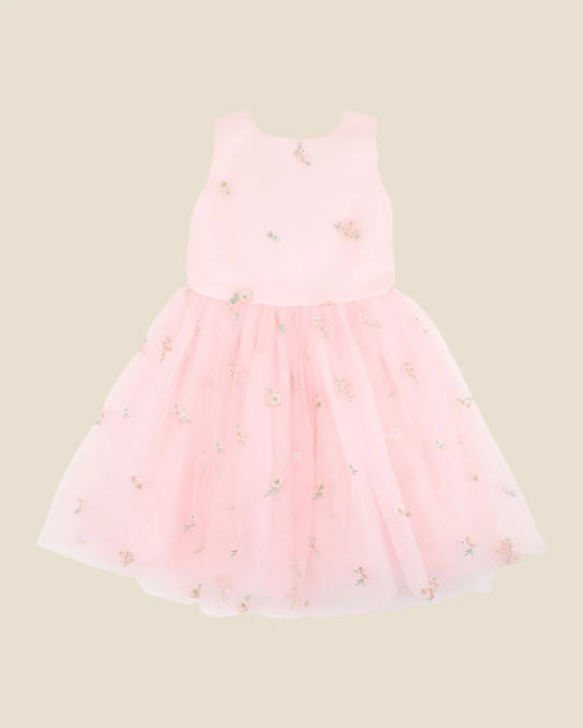 Bebe By Minihaha / Pink Floral Embroidered Back Bow Tulle Dress