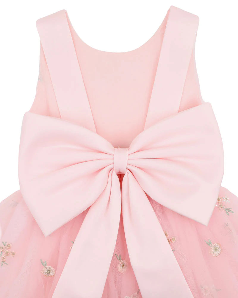 Bebe By Minihaha / Pink Floral Embroidered Back Bow Tulle Dress