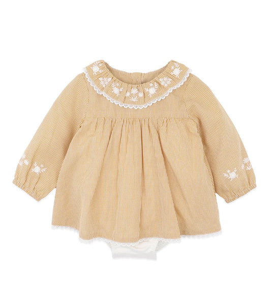 Bebe By Minihaha / Winnie Embroidered Gingham Overlay Dress - Mustard Check
