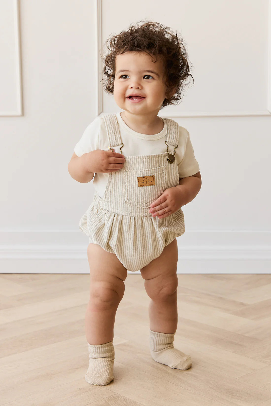 Jamie Kay / Pax Playsuit - Fine Vertical Stripe Sandy Brown/Cloud
