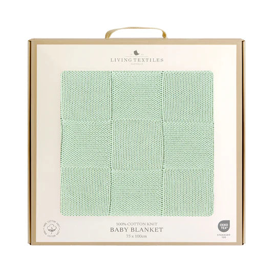 Living Textiles / Cotton Knitted Pram Blanket Checkered Seafoam