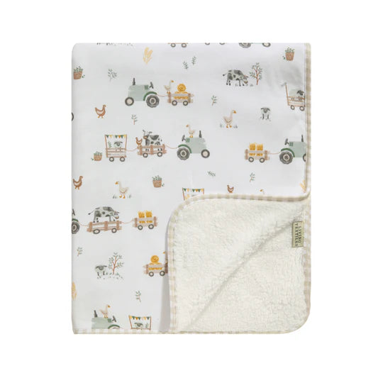 Living Textiles / Organic Jersey Sherpa Pram Blanket Tractor Ride