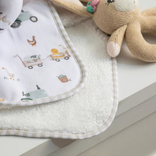 Living Textiles / Organic Jersey Sherpa Pram Blanket Tractor Ride