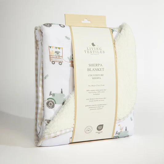 Living Textiles / Organic Jersey Sherpa Pram Blanket Tractor Ride