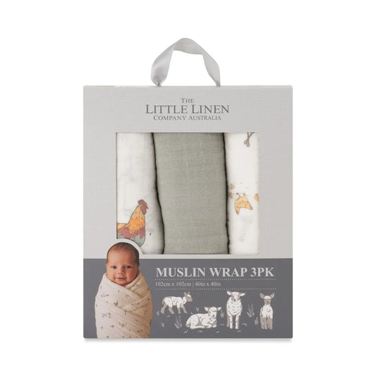 The Little Linen Company / Muslin Wraps 3 Pack - Farmyard Lamb