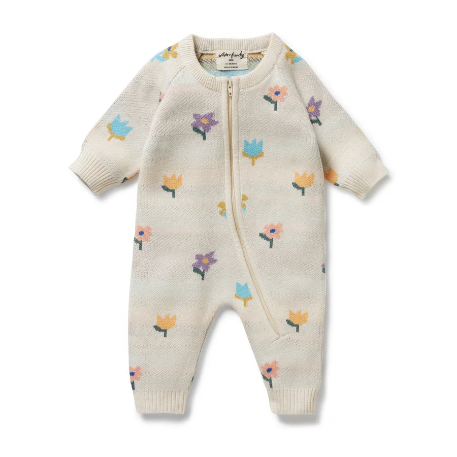 Wilson & Frenchy / Organic Knitted Jacquard Growsuit - Flower Pop