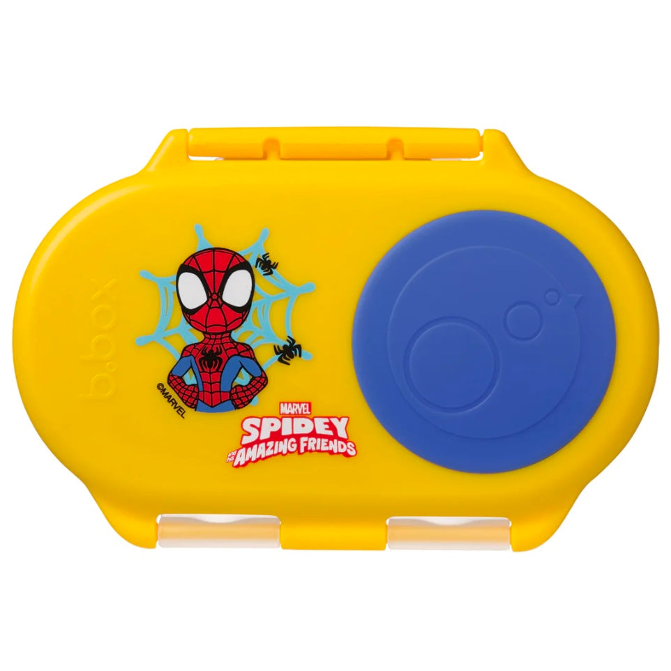 b.box snackbox featuring spidey on a yellow lid